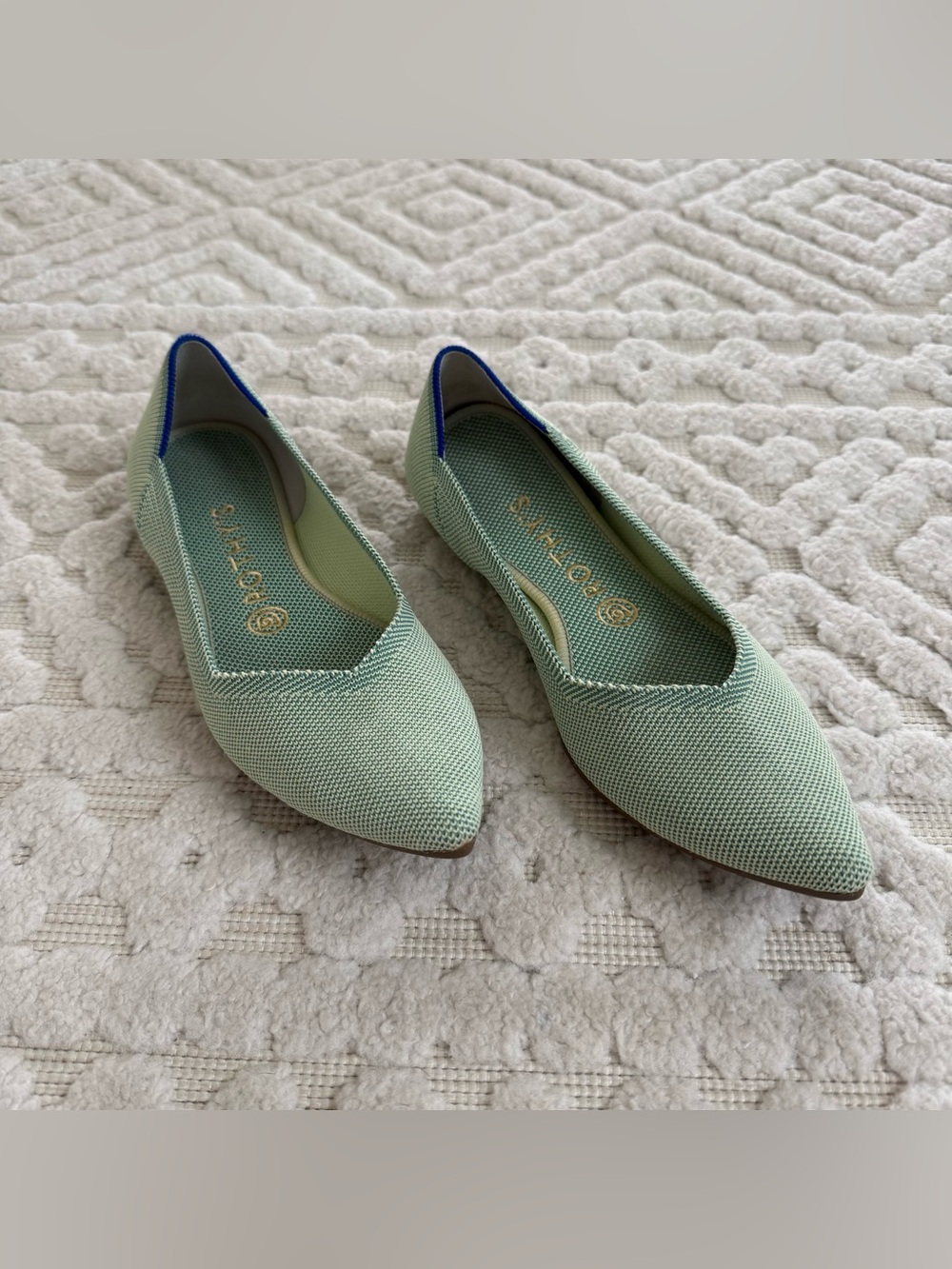 Rothy’s The Point Mint Green Knit Flats Blue Trim Women’s 8.5 Washable Classic